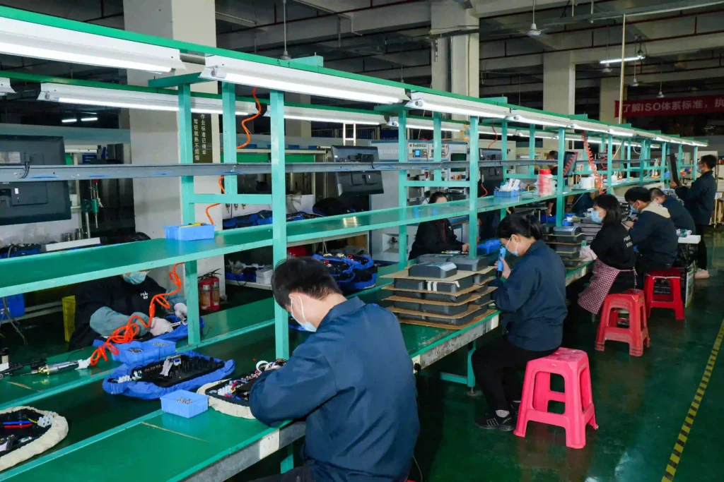 Central heating system components on automated assembly line in manufacturing